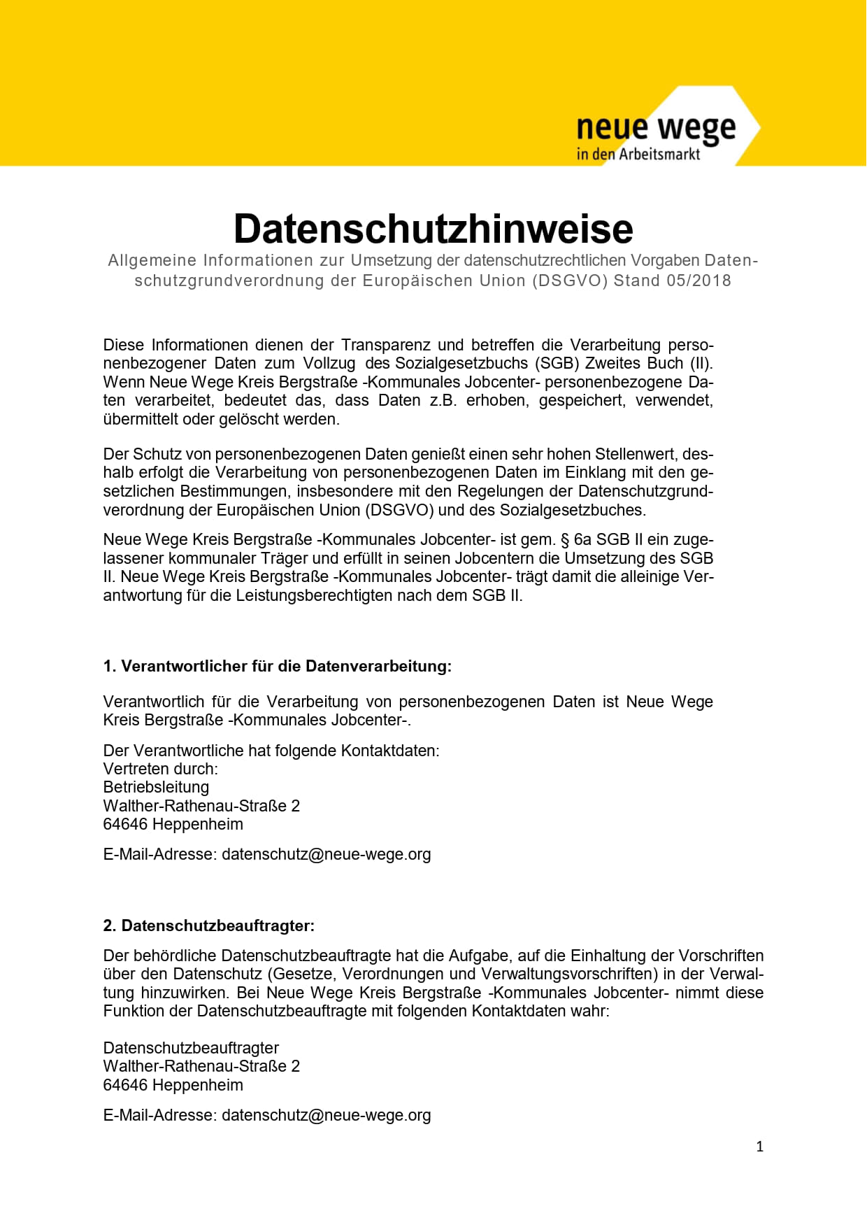 Datenschutzhinweise Neue Wege